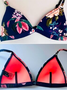 Triangl Delilah Navy Floral Bikini Top  Neon Orange Neoprene Lined Swim S
